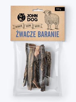 Natürliche Hundekauartikel Schafskauartikel 100g, Vorderansicht der Packung, John Dog.