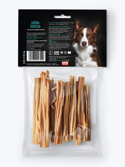 Pferdehaut, getrockneter natürlicher Kauknochen, Marke John Dog, Rückseite der Packung.