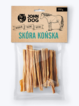 Pferdehaut, getrockneter natürlicher Kauknochen, Marke John Dog, vorne auf der Packung.