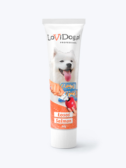 Lovi Dog Lachspaste in der Tube für Hunde.
