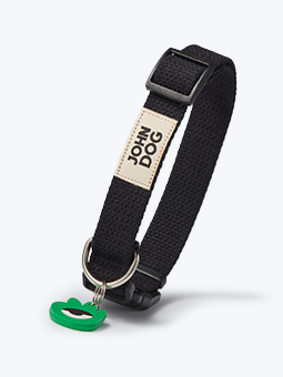 Hundehalsband, schwarz, Baumwolle, mit grünem Gummianhänger und cremefarbenem Etikett von John Dog.