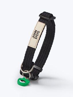 Schwarzes Hundehalsband aus Baumwolle mit grüner Gummimarke und cremefarbenem John Dog Tag.