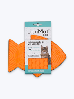 Katzenleckmatte, pomanche, lickimat felix, in Form eines Fisches.