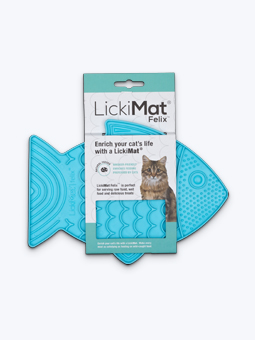 Katzenleckmatte, blau, lickimat felix, in Form eines Fisches.