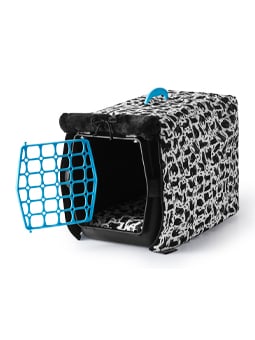 Doppelseitige Katzentransporthülle von John Dog. Das Design der Hülle besteht aus schwarzen und weißen Katzen. Die Innenseite des Transportbehälters ist schwarz, der Eingang ist mit einer Schnur verschnürt, die Transporttür und der Griff sind türkis.