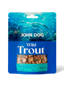 Leckerlis für wilde Hunde, Marke John Dog, Forellenwürfel.
