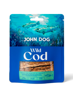 Leckerlis für wilde Hunde, Marke John Dog, Kabeljau-Sticks.
