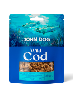 Leckerlis für wilde Hunde, Marke John Dog, Kabeljauwürfel.
