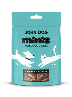 Minis Leckerlis für Hunde und Katzen, Marke John Dog, Geschmacksrichtung Huhn und Lachs.