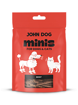Minis Leckerlis für Hunde und Katzen, Marke John Dog, Rindfleischgeschmack.