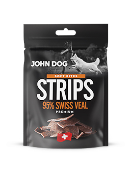 Weiche Hundeleckerlis, Marke John Dog, Streifen aus Schweizer Kalbfleisch Premium 95%.