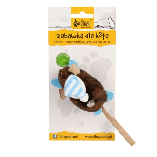 Katzenglocken-Plüschmaskottchen in Form einer braunen Maus, die einen blau gestreiften Hut trägt und auf blauen Skiern fährt. Das Produkt ist in einer Blisterpackung verpackt.