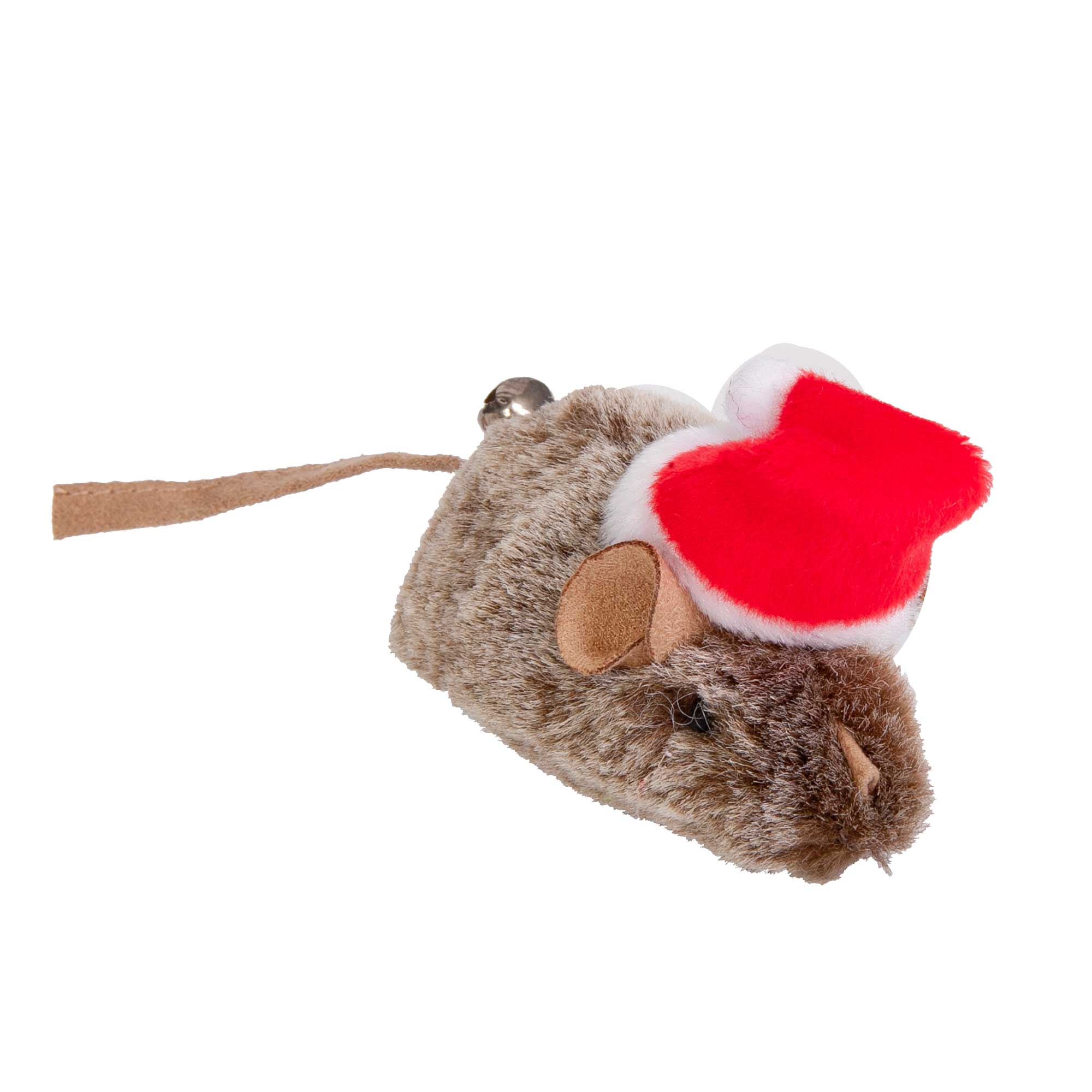 Ein Plüsch-Glockenmaskottchen für Katzen in Form einer braunen Maus, die eine festliche Weihnachtsmannmütze trägt. Das Produkt ist in einer Blisterpackung verpackt.