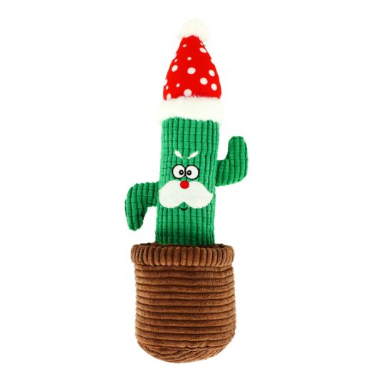 Quietschendes Hundemaskottchen aus Plüsch in Form eines Kaktus im Topf, gekleidet in eine festliche Weihnachtsmannmütze, mit Bart und einem lustigen Gesichtsausdruck.