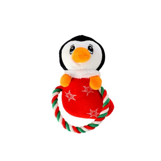 Plüsch-Quietsche-Maskottchen für einen Hund in Form eines Pinguins in einem festlichen Outfit, mit einer Schnur in einem festlichen Farbthema aus Rot, Grün und Weiß.
