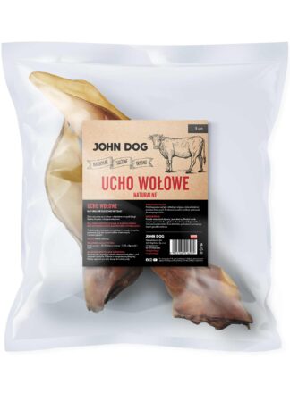 Packung mit 3 Stück natürlichen Kauartikeln - getrocknete Rinderohren von John Dog, Vorderansicht. Die Verpackung zeigt die Abbildung einer Kuh und Details zum Produkt.