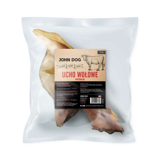 Packung mit 3 Stück natürlichen Kauartikeln - getrocknete Rinderohren von John Dog, Vorderansicht. Die Verpackung zeigt die Abbildung einer Kuh und Details zum Produkt.