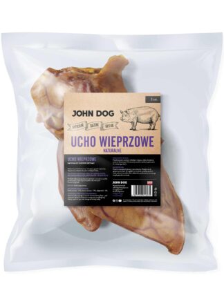 Packung mit 3 Stück natürlichen Kauartikeln - getrocknete Schweineohren von John Dog, Vorderansicht. Auf der Verpackung eine Illustration eines Schweins und grundlegende Informationen über das Produkt.