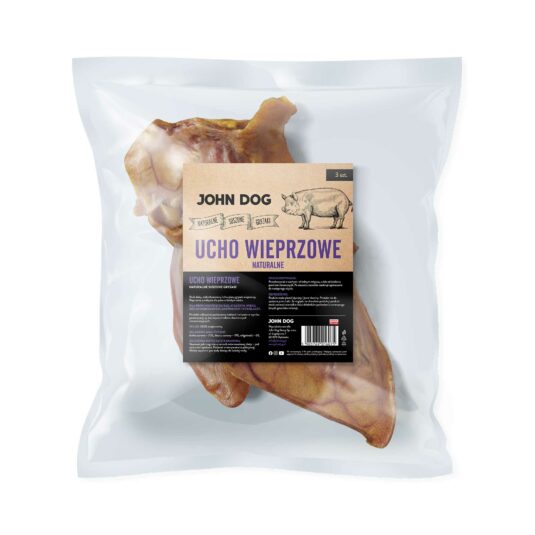 Packung mit 3 Stück natürlichen Kauartikeln - getrocknete Schweineohren von John Dog, Vorderansicht. Auf der Verpackung eine Illustration eines Schweins und grundlegende Informationen über das Produkt.