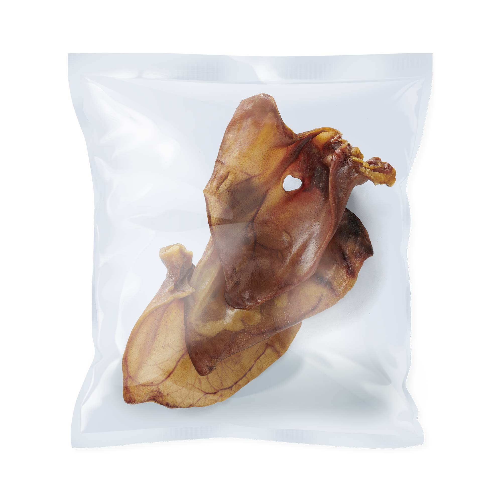 Packung mit 3 Stück natürlichen Kauartikeln - getrocknete Schweineohren von John Dog, Rückansicht. Informationen zu den Inhaltsstoffen und Empfehlungen zur Lagerung.