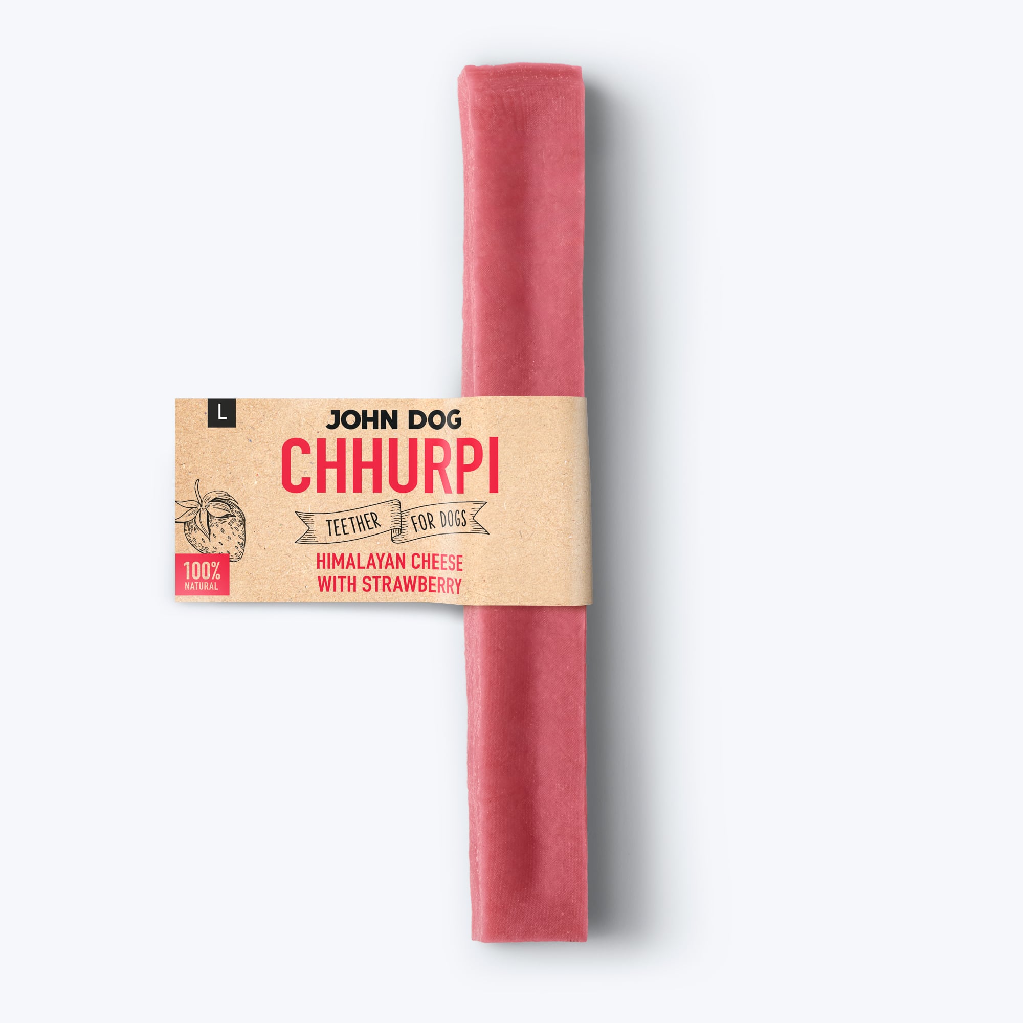 Das Foto zeigt einen Himalaya-Käse für Hunde mit Erdbeergeschmack, rosa Farbe und Größe L, mit der Aufschrift "John Dog Chhurpi - Himalaya-Käse mit Erdbeere".