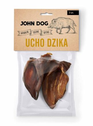 Packung mit 2 Stück natürlichen Kauartikeln - getrocknete Wildschweinohren von John Dog, Vorderansicht. Das Etikett zeigt eine Zeichnung eines Wildschweins und das Markenlogo.