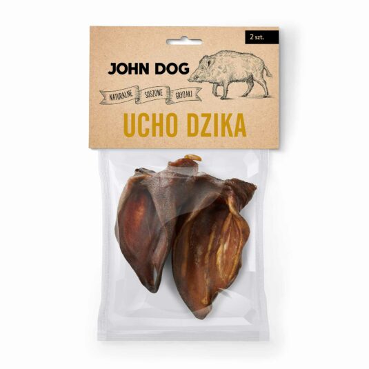 Packung mit 2 Stück natürlichen Kauartikeln - getrocknete Wildschweinohren von John Dog, Vorderansicht. Das Etikett zeigt eine Zeichnung eines Wildschweins und das Markenlogo.