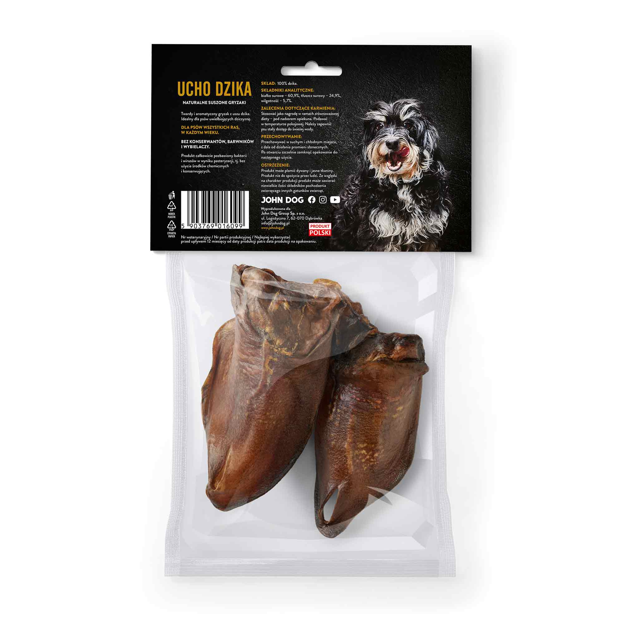 Packung mit 2 Stück natürlichen Kauartikeln - getrocknete Wildschweinohren von John Dog, Rückansicht. Das Etikett enthält detaillierte Produktinformationen und Empfehlungen für die Verwendung.