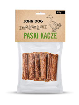 Natürliche Leckerlis der Marke John Dog, Entenstreifen für Hunde, 150g.