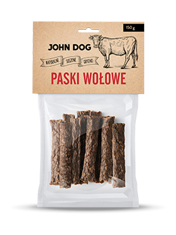 Natürliche Hundeleckerlis der Marke John Dog, Rindfleischstreifen für Hunde, 150g.