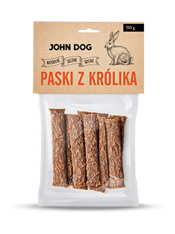 Natürliche Leckerlis der Marke John Dog, Kaninchenstreifen für Hunde, 150g.