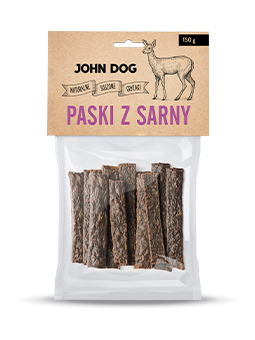 Natürliche Leckerlis der Marke John Dog, Rehstreifen für Hunde, 150g.