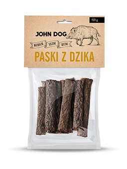 Natürliche Leckerlis der Marke John Dog, Wildschweinstreifen für Hunde, 150g.