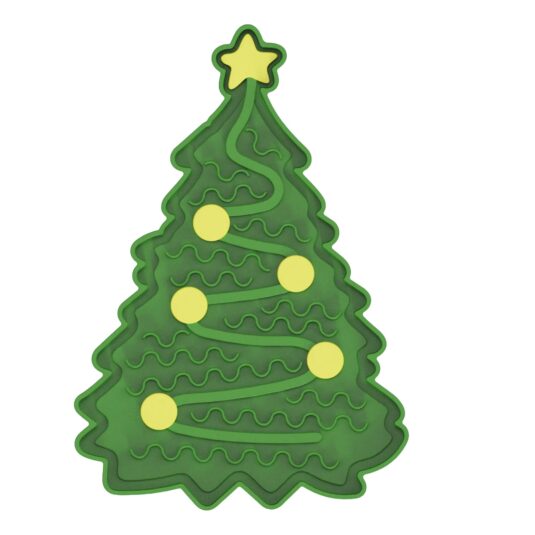 Weihnachtsbaumförmige Leckmatte für Hunde und Katzen, mit gelben Verzierungen und einem Stern auf der Spitze. Die grüne Matte hat verschiedene Texturen zum Verteilen von Tierfutter.