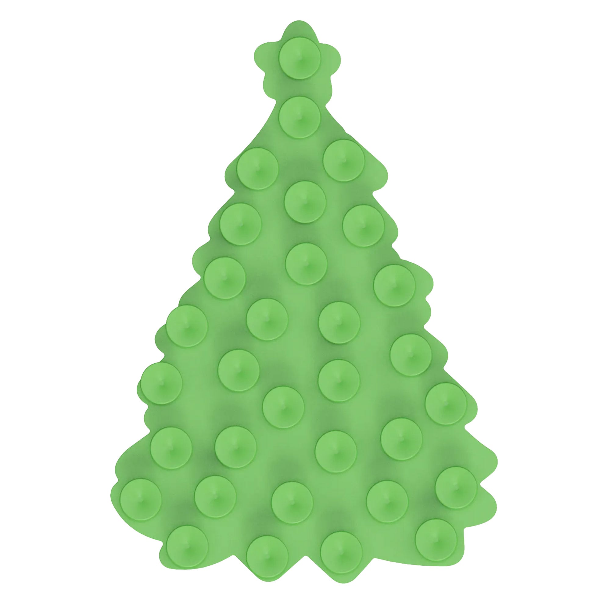 Die Rückseite der weihnachtsbaumförmigen Leckmatte für Hunde und Katzen besteht aus grünem Material mit mehreren Saugnäpfen, die eine Befestigung an glatten Oberflächen ermöglichen.