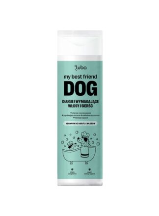 Hundeshampoo der Marke Luba mit dem Namen "My Best Friend Dog" für langes und anspruchsvolles Fell. Mintfarbene Verpackung mit einer Grafik eines Hundes in der Badewanne. Das Shampoo macht das Kämmen leicht, reinigt das Fell gründlich und verhindert Verfilzungen. Es hat einen frischen, angenehmen Duft.