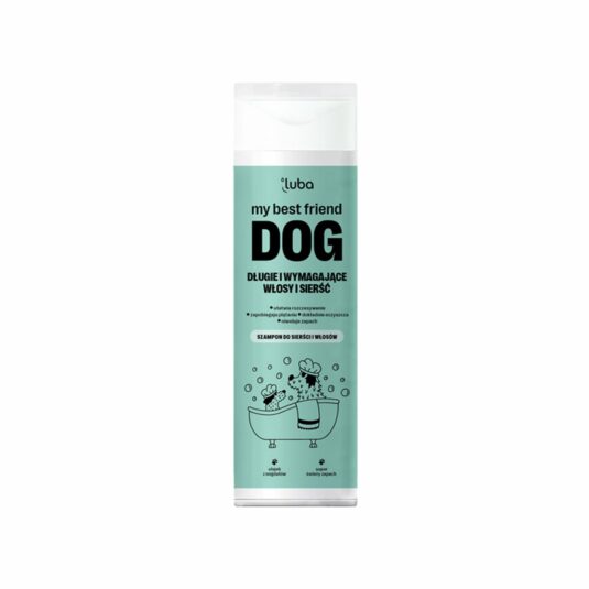Hundeshampoo der Marke Luba mit dem Namen "My Best Friend Dog" für langes und anspruchsvolles Fell. Mintfarbene Verpackung mit einer Grafik eines Hundes in der Badewanne. Das Shampoo macht das Kämmen leicht, reinigt das Fell gründlich und verhindert Verfilzungen. Es hat einen frischen, angenehmen Duft.