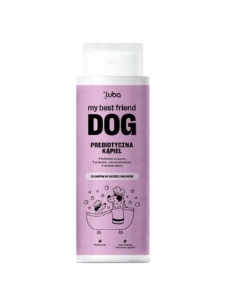Hundeshampoo der Marke Luba mit dem Namen 'My Best Friend Dog' Prebiotic bath. Die Verpackung ist lila und zeigt eine Grafik, die einen Hund in der Badewanne zeigt. Das Produkt reinigt das Fell gründlich, enthält Präbiotika zur Unterstützung des Hautmikrobioms und beseitigt unangenehme Gerüche.