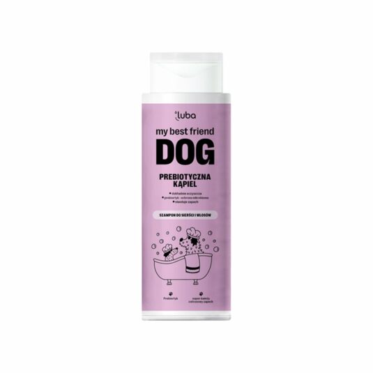 Hundeshampoo der Marke Luba mit dem Namen 'My Best Friend Dog' Prebiotic bath. Die Verpackung ist lila und zeigt eine Grafik, die einen Hund in der Badewanne zeigt. Das Produkt reinigt das Fell gründlich, enthält Präbiotika zur Unterstützung des Hautmikrobioms und beseitigt unangenehme Gerüche.