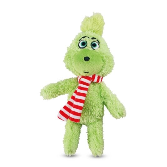 Ein grünes Plüsch-Hundespielzeug von Nobby, inspiriert von der Figur des Grinch. Das Spielzeug hat runde, große Augen und ein rot-weiß gestreiftes Halstuch um den Hals.