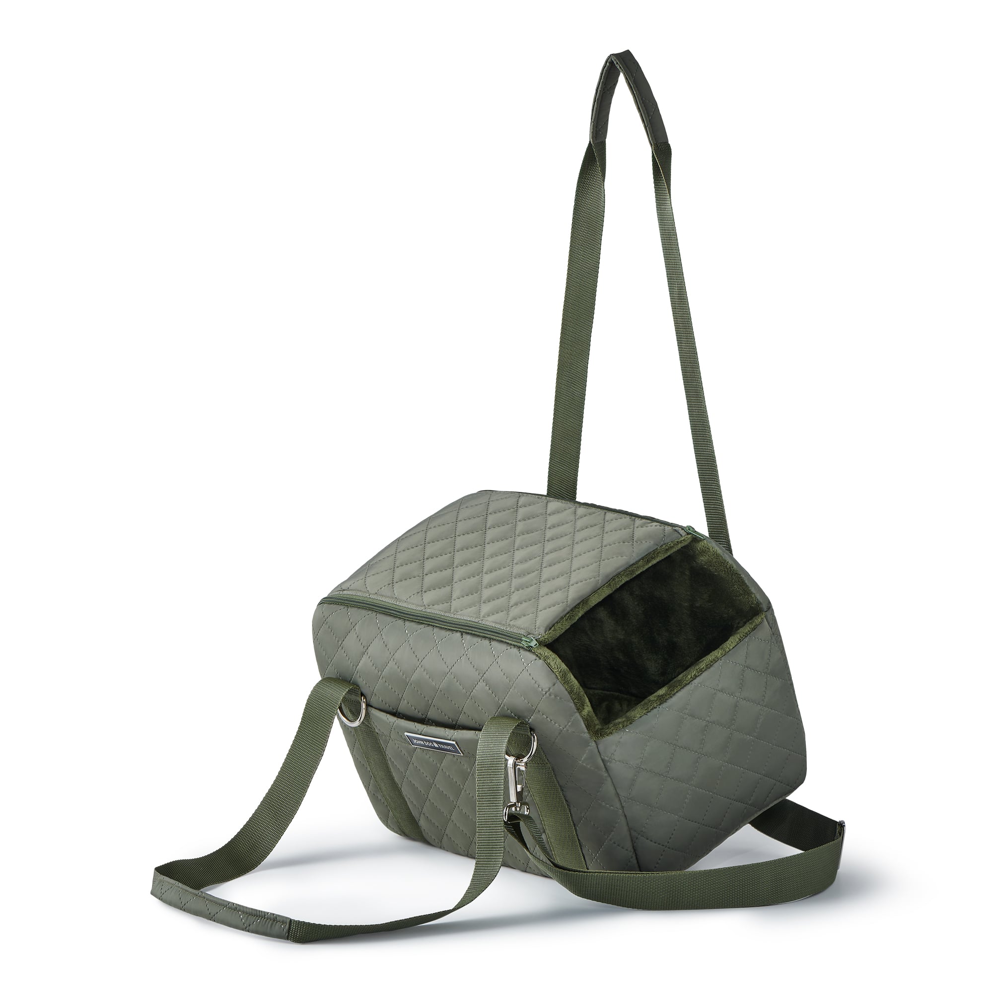 Blick auf die olivgrüne John Dog Travel Bag, deren Innenraum für den Komfort deines Hundes mit weichem Material gepolstert ist.