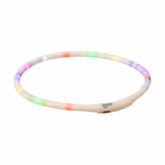 Ein blinkendes LED-Halsband für Hunde, das in verschiedenen Farben leuchtet, wenn es eingeschaltet ist, und so für gute Sichtbarkeit im Dunkeln sorgt. Durch das flexible Design ist das Halsband bequem zu tragen und wird über ein USB-Kabel aufgeladen.