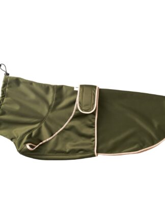 Olivefarbene Softshell-Jacke für Hunde von John Dog, Seitenansicht, die die gesamte Jacke mit Klettverschluss zeigt.