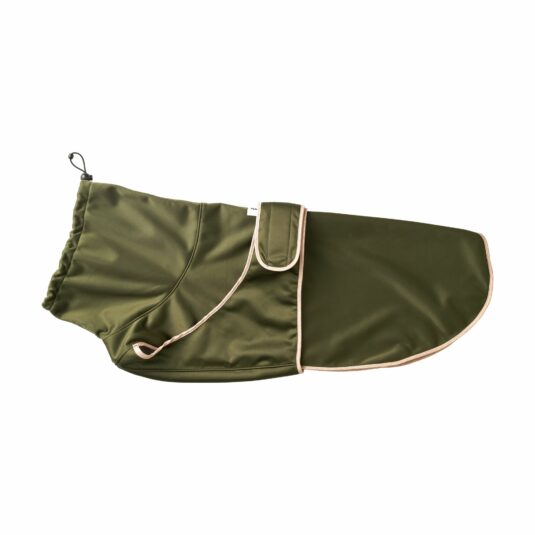 Olivefarbene Softshell-Jacke für Hunde von John Dog, Seitenansicht, die die gesamte Jacke mit Klettverschluss zeigt.
