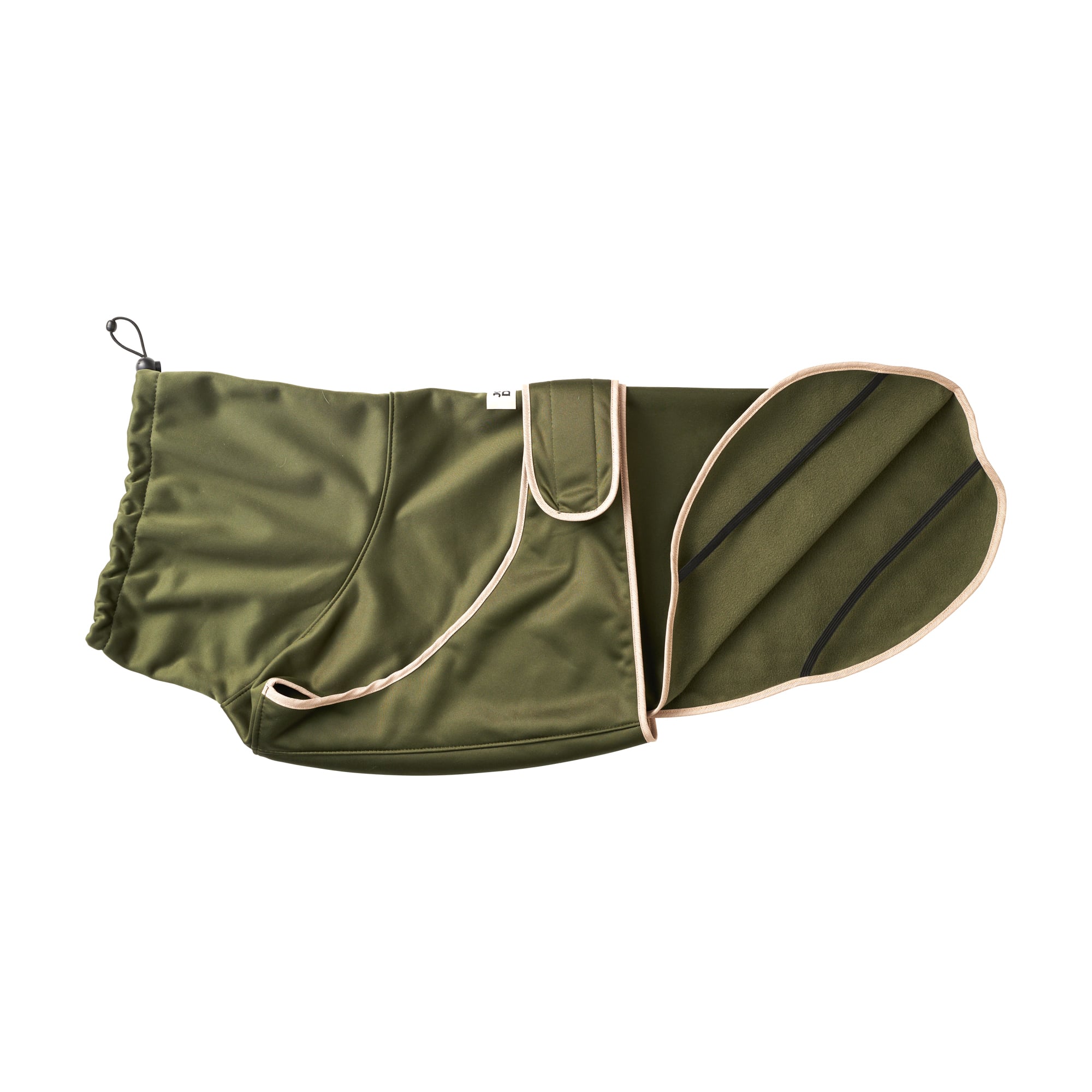 Grüne Softshell-Jacke für Hunde von John Dog mit aufgeklapptem Teil, der das Futter und die inneren Gurte zeigt, die verhindern, dass die Jacke verrutscht.