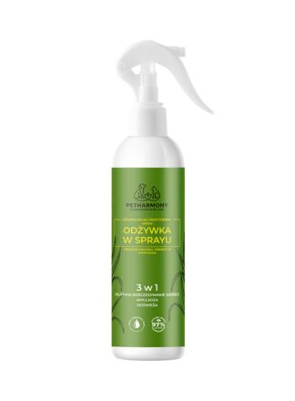 PetHarmony Produkt - 3-in-1 Sprühspülung für Hunde in einer grünen Zerstäuberflasche mit weißem Hintergrund.