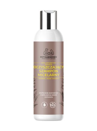 PetHarmony Produkt - Reinigendes Mizellen-Shampoo in einer braunen Flasche mit Metallstopfen, auf weißem Hintergrund.
