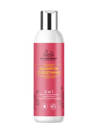 PetHarmony Produkt - 2-in-1 Hundeshampoo und -spülung in einer rosafarbenen Flasche mit Metallverschluss, auf einem weißen Hintergrund.