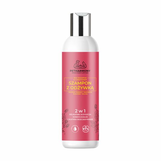 PetHarmony Produkt - 2-in-1 Hundeshampoo und -spülung in einer rosafarbenen Flasche mit Metallverschluss, auf einem weißen Hintergrund.