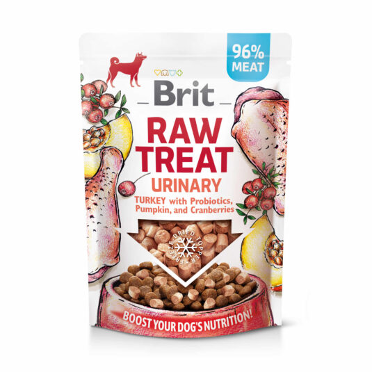 Eine Packung Brit Raw Treat Urinary Leckerlis für Hunde, die 96% Putenfleisch enthalten. Angereichert mit Probiotika, Kürbis und Preiselbeeren, unterstützt das Produkt die Gesundheit der Harnwege.